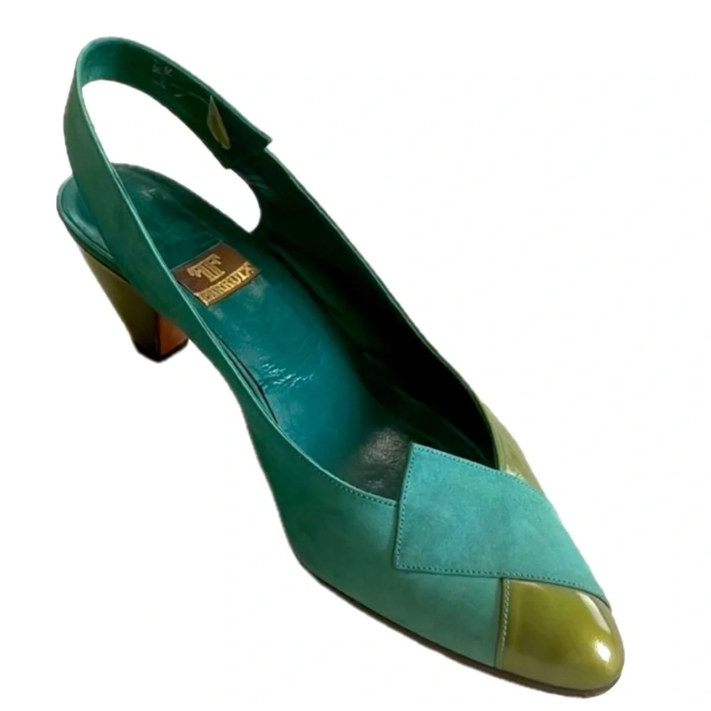 Farrutx Leather Turquoise and Green Slingback Heels